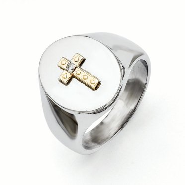 Bague en Acier Inoxydable avec Croix en Or 10K et Diamant Poli.02 Ct Taille 11