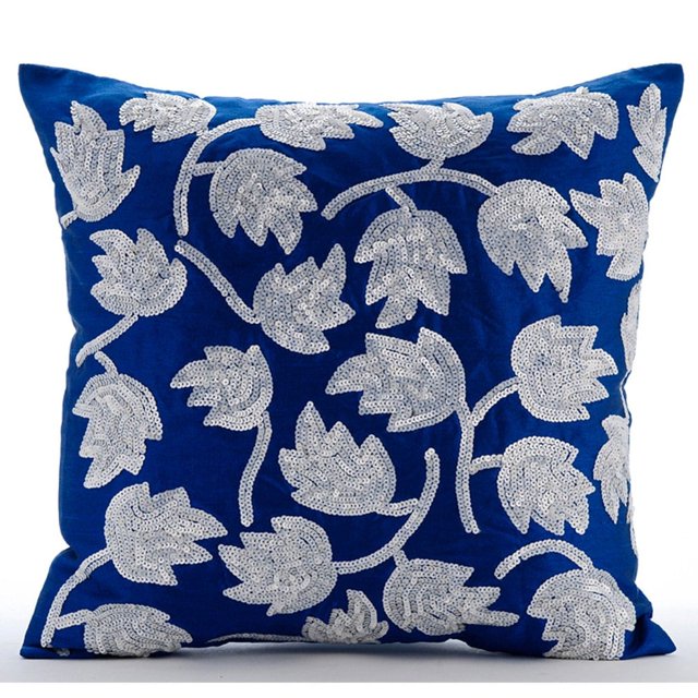 The HomeCentric Pillow Case Covers, Pack of 2, 12x12 Inches Square Decorative Throw Pillow Cover In Royal Blue Color Silk Fabric Pillow Cover With Sequins Embroidery Easter - Tulipomania