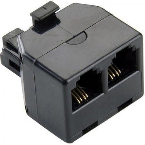Borne RJ11 2-WAY Telephone Splitter with a compact black plastic body featuring two RJ11 female ports to split a single telephone line into two, compatible with telephones, cordless phones, fax machines, and modems, designed for easy plug-in use.