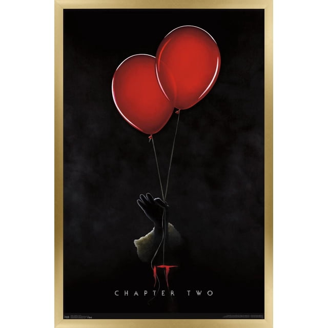 IT: Chapter 2 - Teaser One Sheet Wall Poster, 22.375" x 34" framed wall art featuring a black-gloved hand holding two red balloons with strings forming the word 'IT' above the text 'CHAPTER TWO' on a dark background, suitable for bedroom, office, or dorm décor.