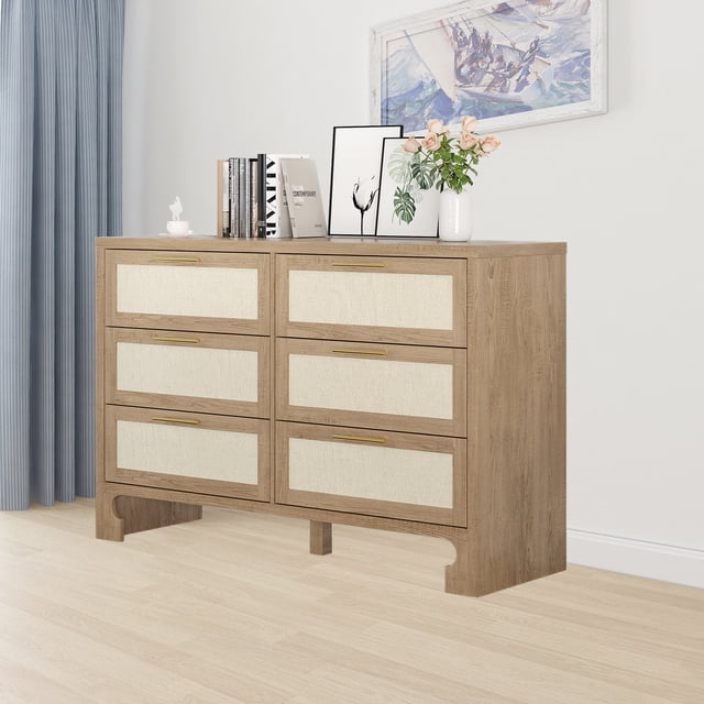 QinaQin Commode Double Moderne en Bois à 6 Tiroirs, Commode avec Poignées Dorées pour Chambre, Garde-Robe Ou Entrée