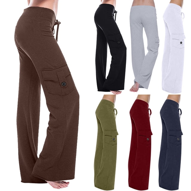 XZNGL Workwear Pants for Women, Elastic Waist with Button Closure, Side Pockets, Straight Wide Leg, Low Rise, Solid Color, Polyester Spandex Blend