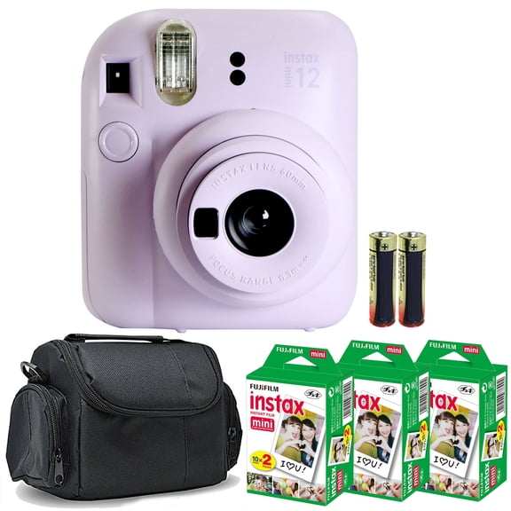 FUJIFILM INSTAX MINI 12 Instant Film Camera (Lilac Purple) + 3x Fujifilm 2x10 Film Mini Instax Film Pack + Panasonic Alkaline 2 "AA"  Batteries + BePro BC-1 Case (Small)