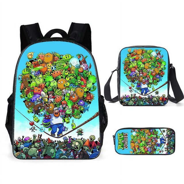Plants Vs. Zombies backpack set featuring a vibrant anime cartoon design. The set includes a primary school backpack, a small satchel, and a pencil bag, all showcasing colorful characters from the Plants Vs. Zombies series. The backpack has a spacious main compartment, adjustable shoulder straps, and a black base. The satchel and pencil bag complement the design with matching artwork. Suitable for school or casual use.
