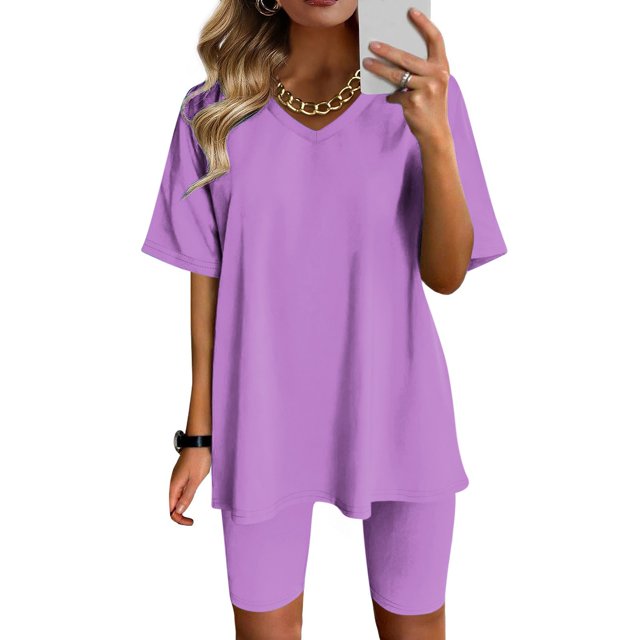 Ensembles d'Entraînement pour Femmes 2 Pcs Mode pour Femmes Blouse à Col en V de Couleur Unie Hauts à Manches Courtes Shorts Ensembles de Tenue Décontractée Ensembles de Détente d'Été pour Femmes en Liquidation