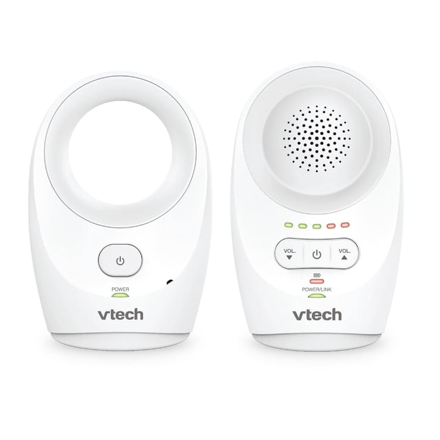 VTech DM1111 Moniteur Audio Numérique à Portée Améliorée avec Unités Parent-Enfant et Bébé Blanches Affichant des Boutons d'Alimentation, des Commandes de volume, des Indicateurs de Niveau Sonore à DEL et le logo VTech, Doté de la Technologie Det 6.0 pour une transmission Audio Chiffrée et Claire.