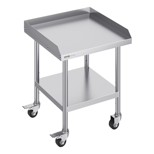 VEVOR Table de Travail en Acier Inoxydable 24"x24 Pouces Table Commerciale de Préparation des Aliments avec 4 Roulettes, Fabriquée en Acier Inoxydable SUS201 Certifié NSF pour une Résistance à la Rouille et une Durabilité Supérieures. Comprend des Tablettes Ajustables, un Dosseret de 2 Pouces pour la Sécurité et des Roulettes Pivotantes avec Freins pour la Stabilité. Convient aux Cuisines, restaurants et Espaces Commerciaux.