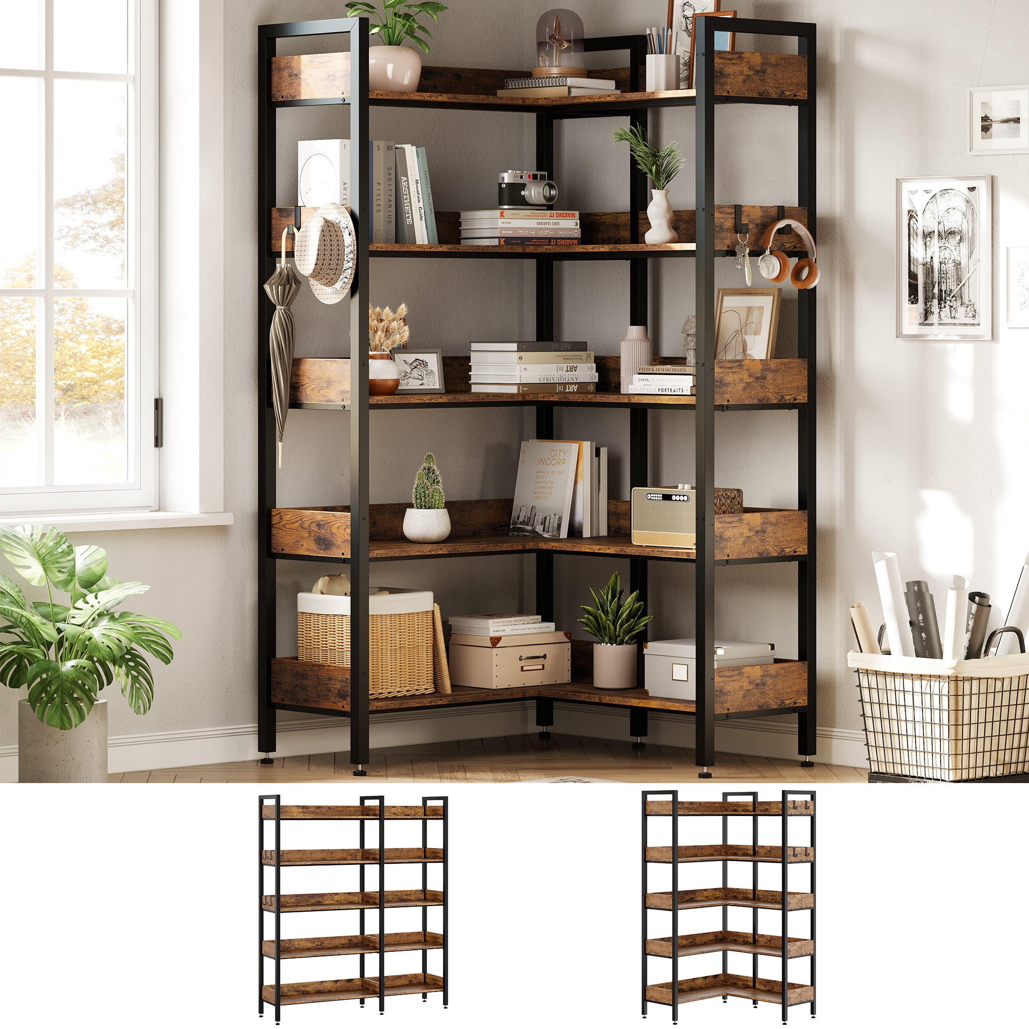 Corner Bookshelf, 5 Tier Convertible Corner Book Shelf, Modern Industrial Bookcase, L Shaped Storage Display Shelf for Home Office, Living Room, Study Room Office