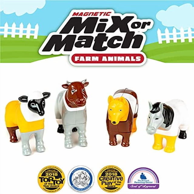 Popular Playthings Ensemble Magnétique d'Animaux de Ferme à Mélanger Ou à Agencer Comprenant Quatre Figurines d'Animaux Colorées : une Vache, un Mouton, un Cheval et un Chien. les Pièces Magnétiques Permettent un Assemblage Créatif, Permettant aux Enfants de Mélanger et d'Agencer des Pièces pour Créer des Combinaisons d'Animaux Uniques. l'Ensemble Est Conçu pour le Jeu Imaginatif, le Développement de la Motricité fine et l'Apprentissage des Langues. Présenté sur un Fond à Thème de Ferme avec des badges de Récompense au Bas