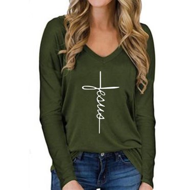 Women's Long Sleeve V-neck Cross Print Loose Casual T-shirt Top