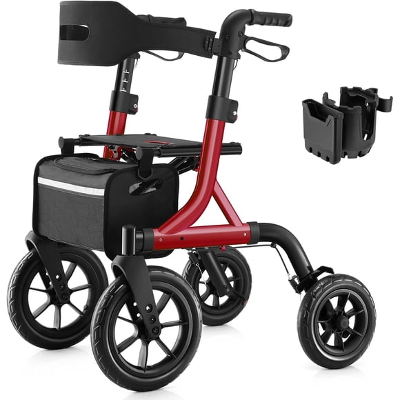 Walkers for Seniors, Rollator Walker with Seat, 12" Big Rubber Wheels All Terrain Rollator Walker with Backrest, Built-in Cable, Cup Holder, Foldable and Height Adjustment for Seniors, Red