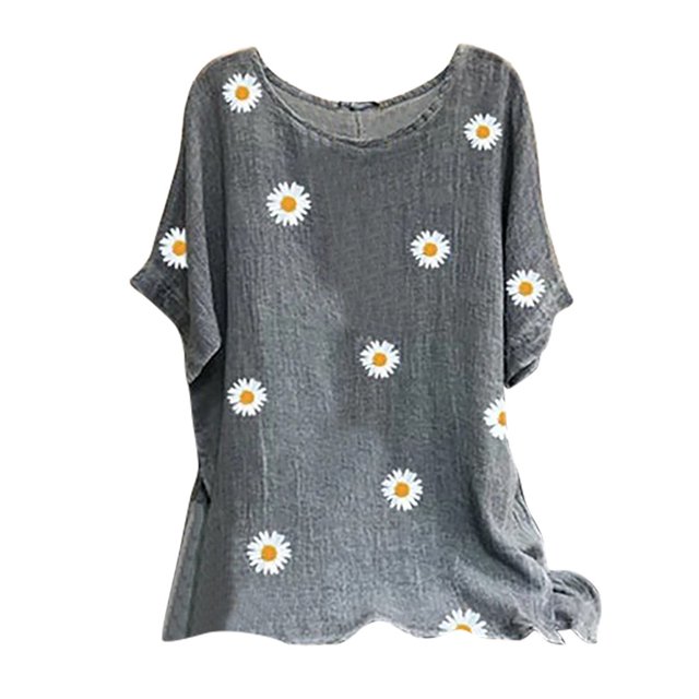 Birdeem Femme Vintage Mélange de Coton Col Rond Manches Courtes Imprimé Floral Haut T-Shirts Blouse