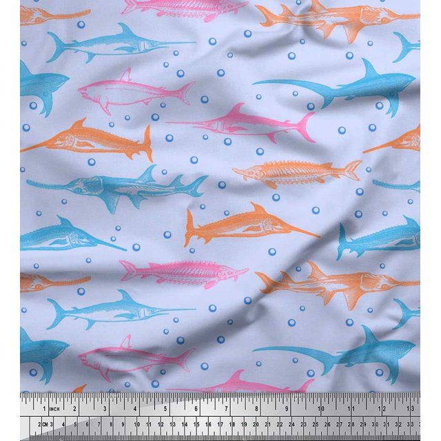 Soimoi Rayon Fabric Bubbles & Fish Ocean Print Fabric by The Yard 42 Inch Wide