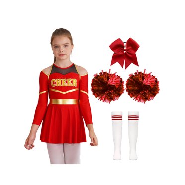 Mufeng Déguisement de Pom-Pom Girl pour Filles Enfants Robe de Cheerleading à Manches Longues Pompons Attache-Cheveux en Stock Costume de Performance Tenue de Danse A Rouge 10