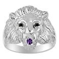 thumbnail image 1 of RYLOS Rings Sterling Silver Lion Head Ring Black Diamonds Eyes & Gemstone Mouth Fun Designer Rings Amethyst Jewelry Size 13, 1 of 7