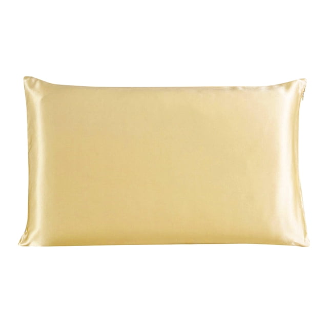 Unique Bargains 100% Silk Pillow Case Cover Pillowcase in a soft gold colour, shown in a front-facing view. Made from 100% Grade A long silk fabric with a 19 Momme weight and 400 thread count. Features a zipper closure to prevent slipping. Available in multiple sizes, including King (20 x 36 inches), Queen (20 x 30 inches), Standard (20 x 26 inches), and Travel (14 x 20 inches). Designed for comfort, breathability, and to reduce facial wrinkles and hair tangling. Suitable for all seasons.