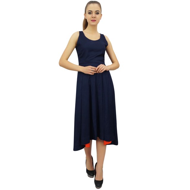Bimba Robe en Rayonne de Designer pour Femme avec Poches, Maxi Bleu Uni avec Foulard - 24