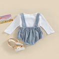 thumbnail image 4 of Baby 2PCS Spring Romper Suit  Long Sleeve Plain Ribbed Crew Tops+ Buckle Shoulder Straps Snap Triangle Suspender Romper, 4 of 7