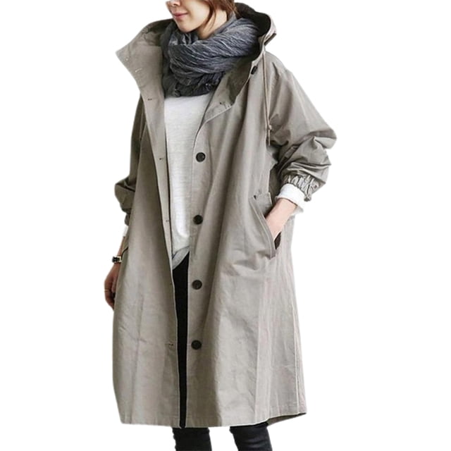 CAROOTU Women Windbreaker Jacket Casual Loose Button Pockets Hooded Windproof