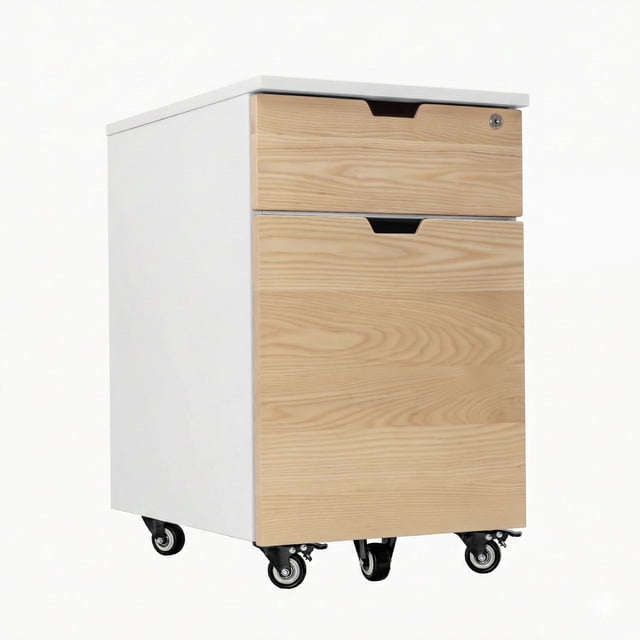 Desky Wooden Minimal Filing Cabinet - White / Bamboo