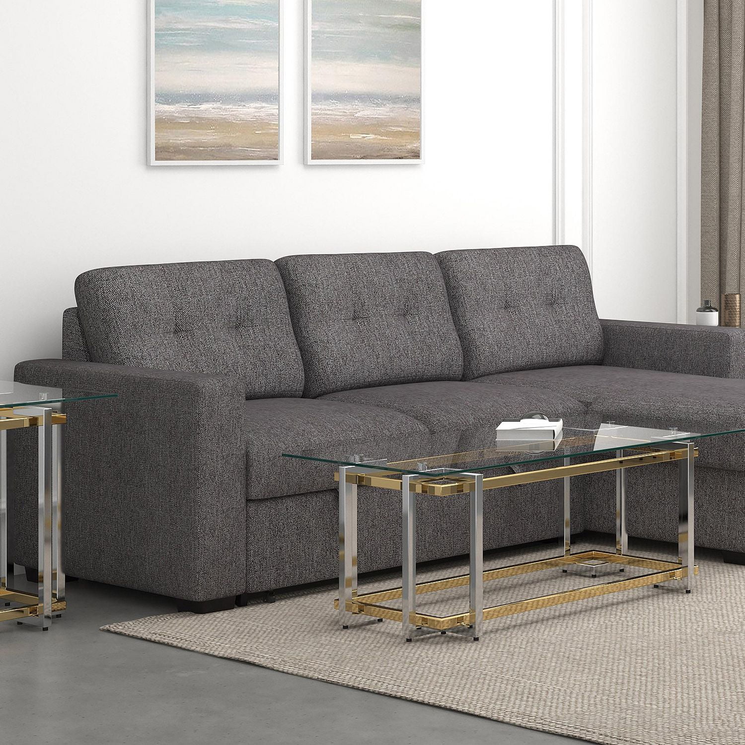 Contemporary Rectangular Glass & Metal Coffee Table in Silver & Gold