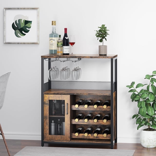 Ourlova 3-Tier Wine Bar Cabinet with Detachable Wine Rack and Storage Space Buffet Cabinet with Glass Holder and Mesh Door for Kitchen Living Room and Bar Rustic Brown