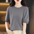 thumbnail image 1 of AherBiu Hauts d'Été pour Femmes Col Rond Manches Mi-Longues Chemises Unies Décontractées Coupe Ample T-Shirts Basiques Blouses, 1 of 5