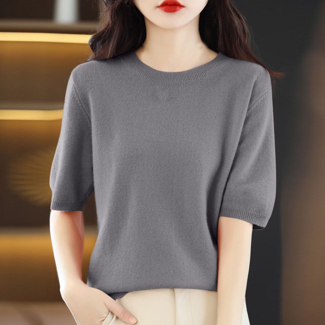 AherBiu Hauts d'Été pour Femmes Col Rond Manches Mi-Longues Chemises Unies Décontractées Coupe Ample T-Shirts Basiques Blouses