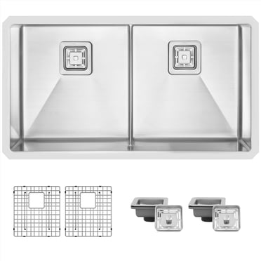 Stylish Undermount 33" Stainless Steel Double Bowl 50/50 Kitchen Sink with Grids & Strainers S-501XG