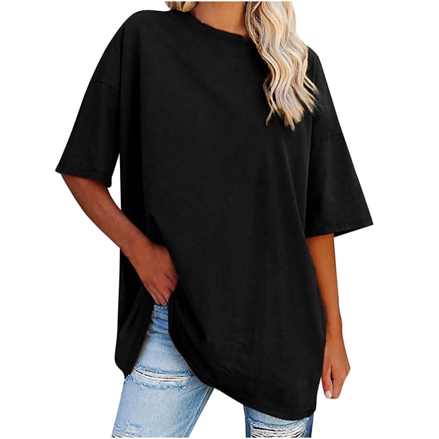 Plebaso T-Shirts Surdimensionnés pour Femmes 2025 Manches Courtes Hauts Amples Col Rond Décontracté Uni T-Shirts Basiques pour Femmes