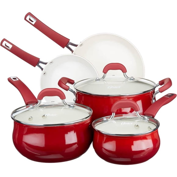 Oster Corbett Batterie de cuisine 8 pièces en aluminium, rouge dégradé avec poignée en bakélite douce au toucher