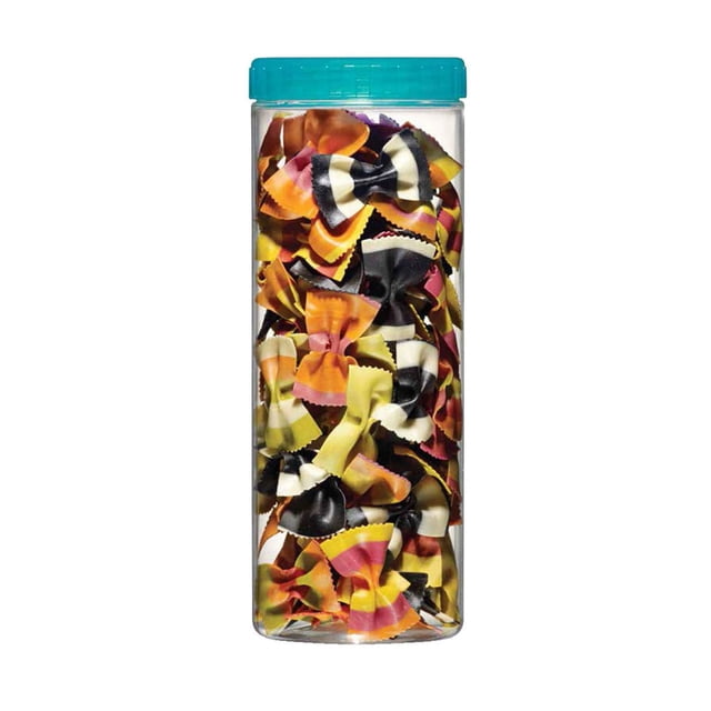 Starfrit LocknLock Contenant Interlock, 1,6 L 54 Oz, Contenant de Rangement Alimentaire Rectangulaire Transparent Sans BPA avec Couvercle Hermétique Turquoise, Étanche, Rempli de Pâtes à Nœud Papillon Rayé Multicolore, Idéal pour Économiser de l'Espace dans la Cuisine et l'Organisation du Garde-Manger, Va au Congélateur.