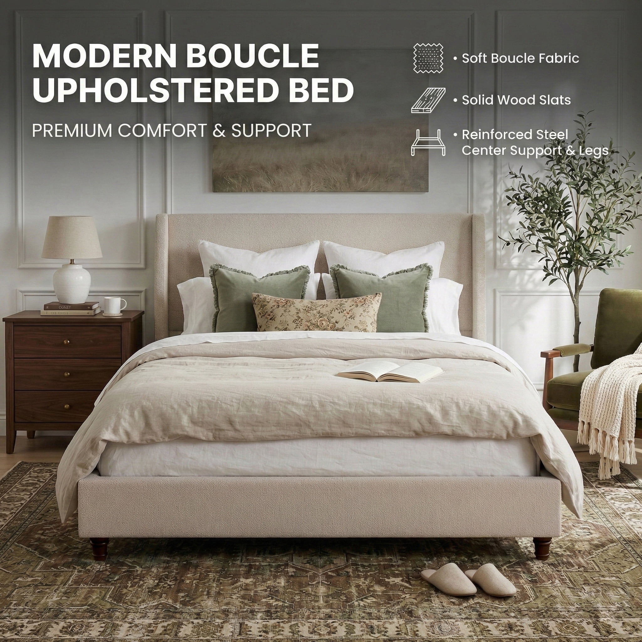 Noble House King Upholstered Wingback Headboard Platform Bed,taupe