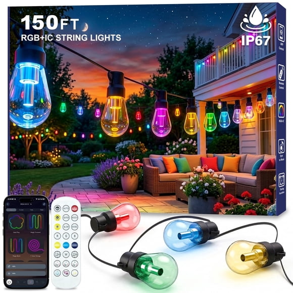 Guirlandes Lumineuses Extérieures RVB de 150 Pi, Ampoules DEL Incassables à Intensité Réglable +IC pour l'Extérieur, Éclairage à Effet Poursuite Étanche IP67, Bande Lumineuse de Patio DreamColor pour Cour Arrière, Balcon, Vie en Plein Air