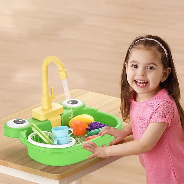Dadatutu Jouets Évier de Cuisine Électrique Lave-Vaisselle à Eau Circulante Jouet Vert Ensemble de Jeu Évier avec Eau Courante Maison Jeu de Rôle pour Garçon Fille, Âge 3