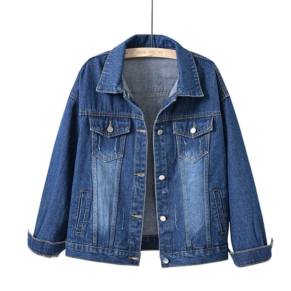 PEZHADA Denim Jacket for Women Long Sleeve Jean Jacket Button Up Frayed Hem Shacket with Pockets Navy
