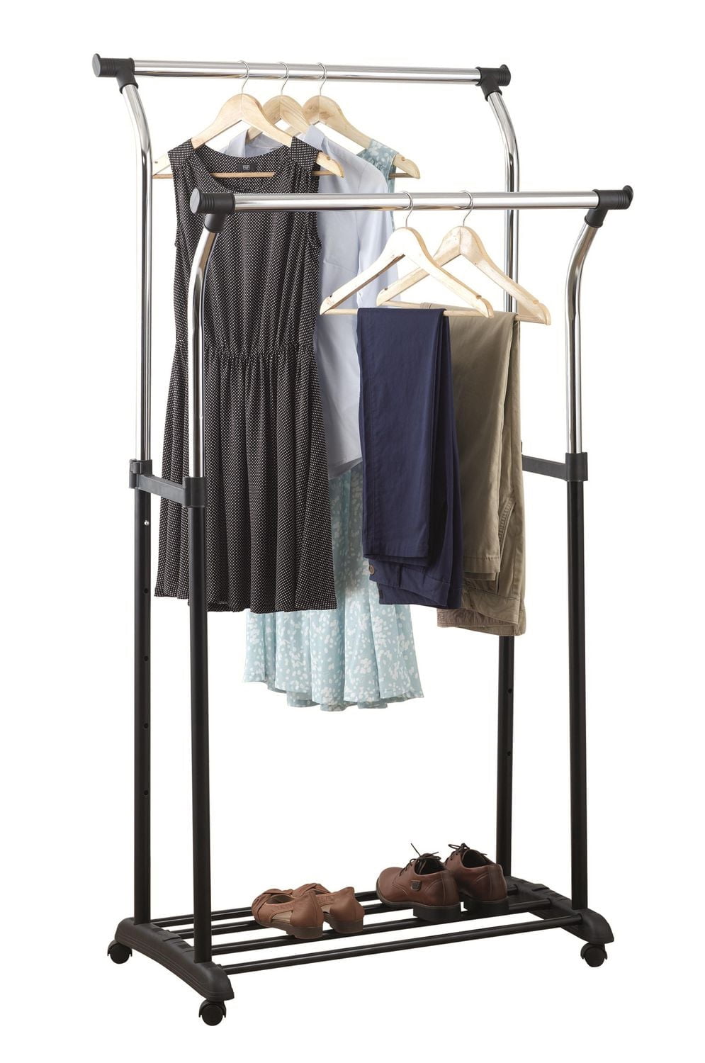 Mainstays Double Rod Garment Rack, Rolling Clothes Organizer, Black/Chrome, Flared Design, Adjustable Height, Storage Long and Short Garments