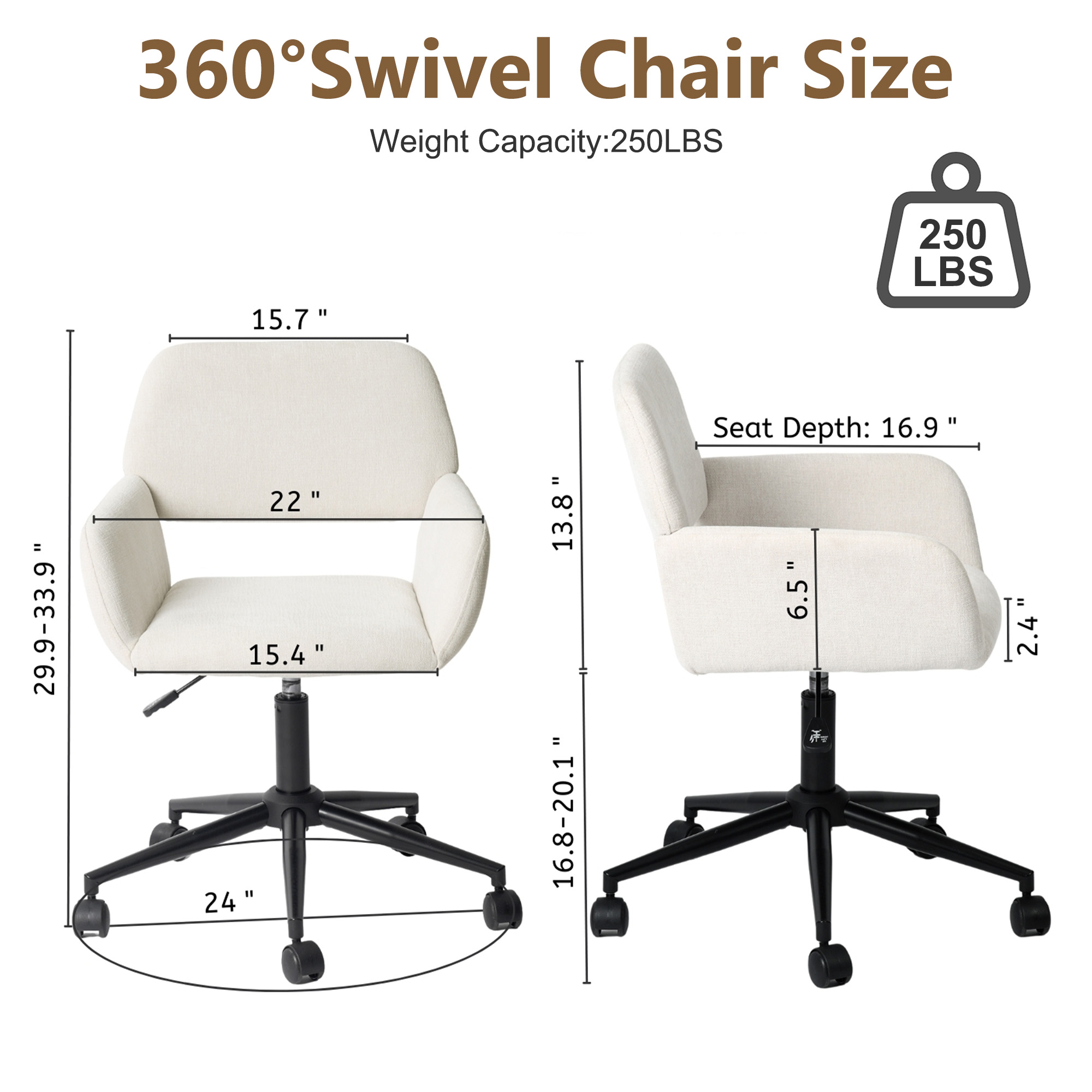 Homy Casa Chaise de Bureau Pivotante 24 po, 1 Pièce, Fauteuil de Bureau Réglable en Chenille avec Base en Métal pour Bureau, Coiffeuse, Étude, Beige