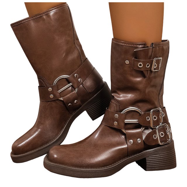 Buckle Mid Calf Motorcycle Riding Boots for Women Fashion Studded Punk Square Toe Wide Calf Cowboy Booties