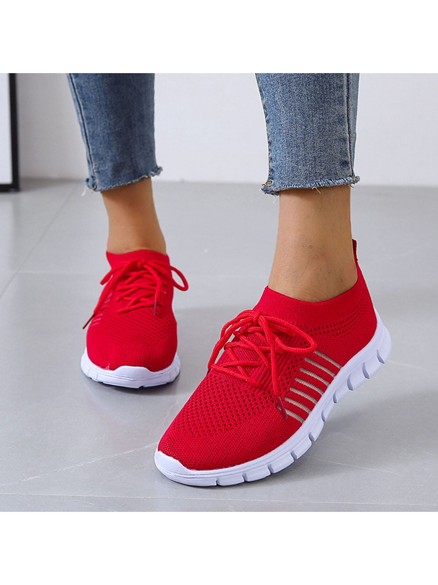 UKAP Ladies Trainers Round Toe Sneakers Solid Color Flats Women's Comfortable Red 11