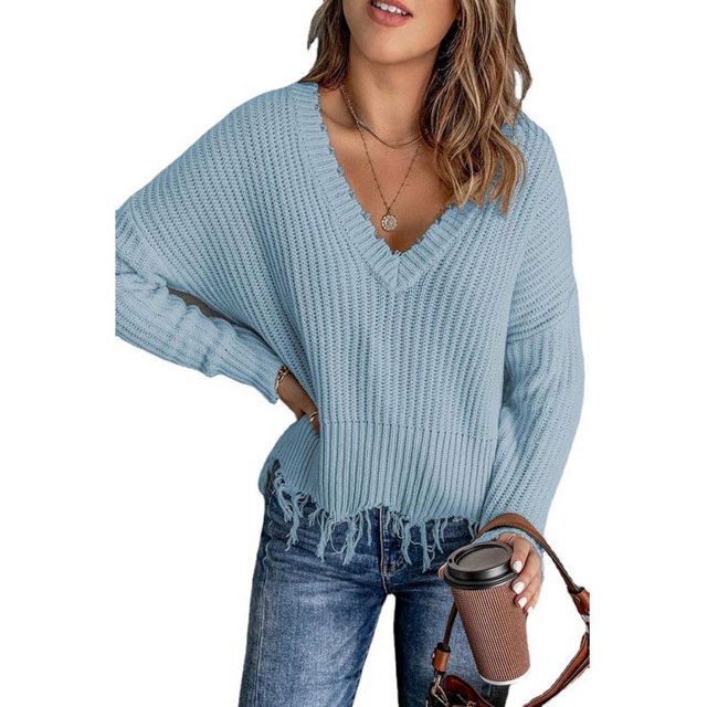 Mode des Femmes de Couleur Bloc Pull Manches Longues Creux Pompons en Détresse Pull