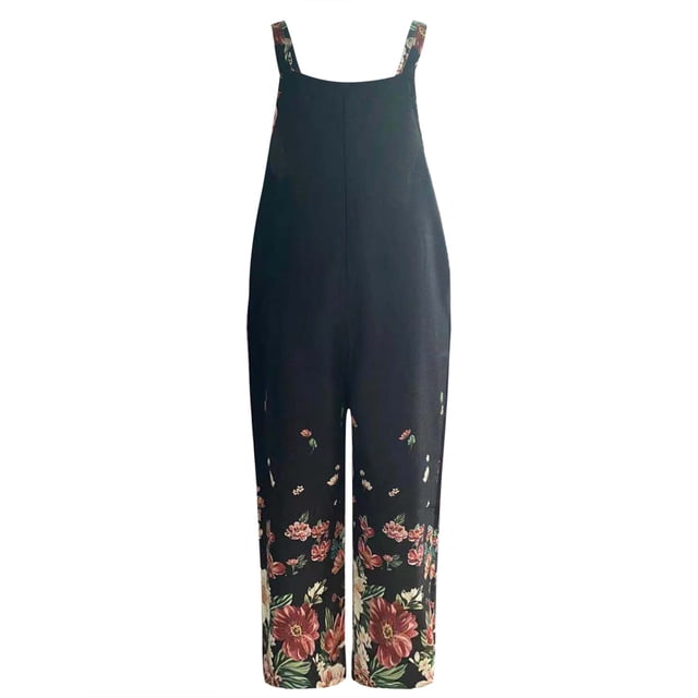 Womens Fashion Pants Overalls Rompers Printed Buttons Suspender Jumpsuit