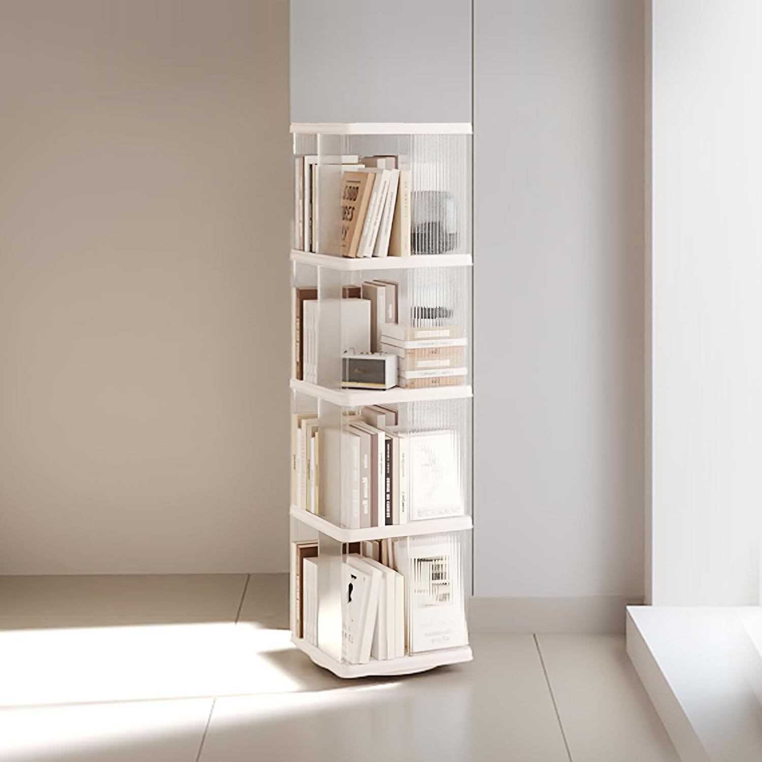 Rotating Bookshelf Rectangular Spinning Bookcase  Revolving Corner Bookshelf on Wheels  Display Floor Standing Storage Rack  Book Shelf Organizer for Study  Living Room  Bedroom