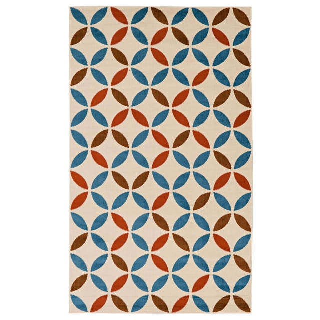 Capri Conrad Bone & Blue 6' 5" x 9' 3" area rug with a geometric pattern of overlapping blue, rust, and brown petal shapes on a bone background, machine woven polypropylene flat cut pile, ideal for defining spaces in living rooms or bedrooms.