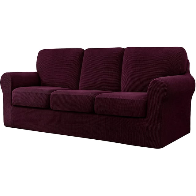 Set of 7 Stretch Check Spandex Jacquard Sofa Covers in large size, deep magenta color. Designed for sofas with separate cushions and backrests, these slipcovers feature a textured jacquard design made from 85% polyester and 15% spandex fabric. Equipped with elastic bands, anti-slip buckles, and silicone dots for a secure fit, they provide 360° coverage and protect furniture from stains. Perfect for families with kids and pets, and easy to install and maintain.