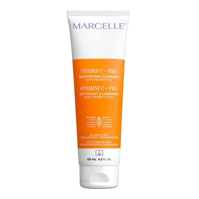Marcelle Nettoyant Éclaircissant à la Vitamine C + PHA avec Probiotiques en tube Blanc et orange 125 ml, un gel Nettoyant Exfoliant Qui Élimine en Douceur les Impuretés Tout en Hydratant et en Illuminant la Peau, Convient à Tous les types de Peau, Hypoallergénique et Sans Parfum, avec Étiquetage Bilingue et logos d'Association de Dermatologues.