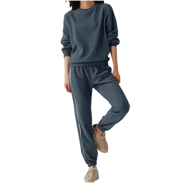 cfhntfmh Ensembles Grande Taille pour Femmes Chandail à Col Rond Extensible Doux à Manches Longues Pantalon de Jogging Chaud d'Hiver Ensembles de Survêtement
