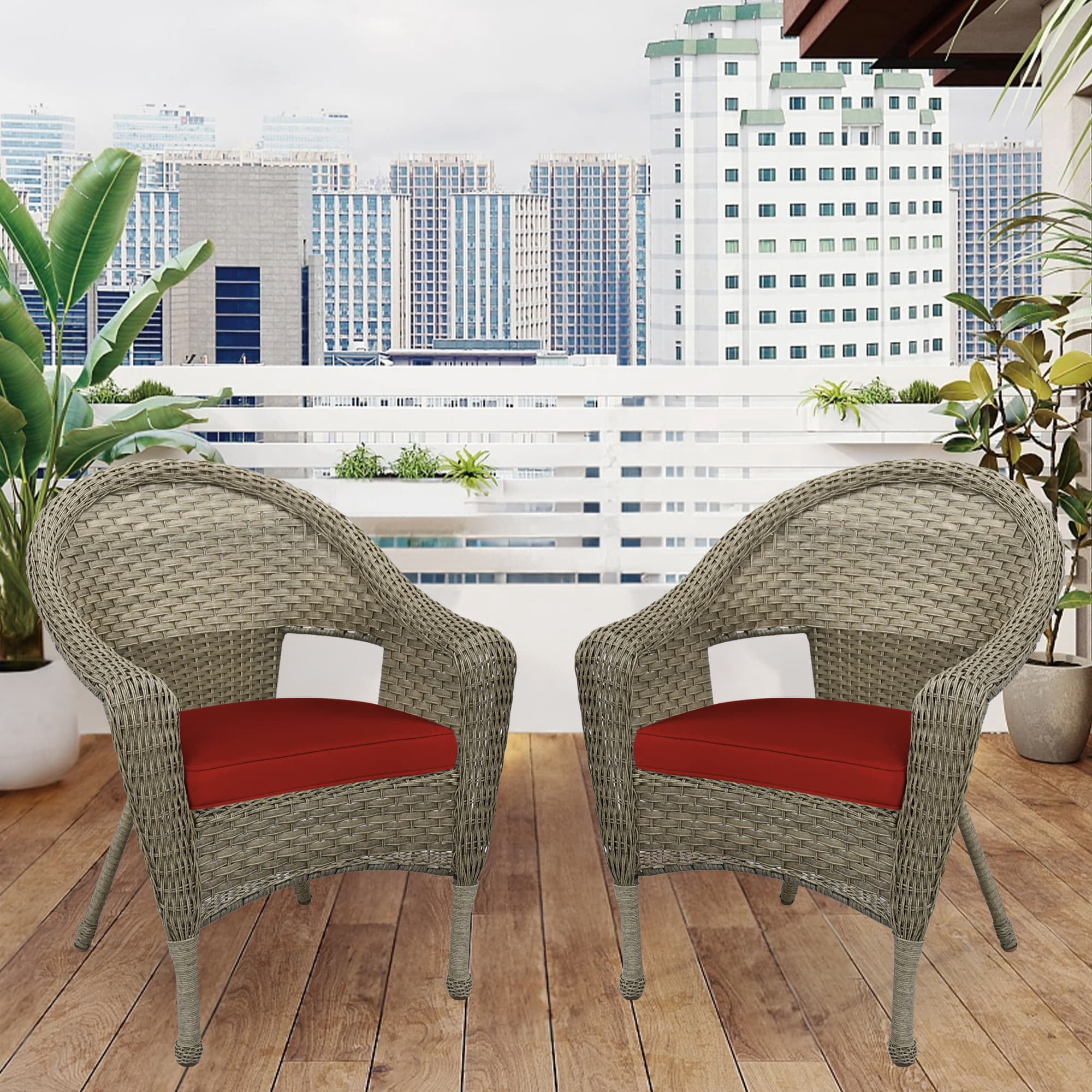 Jeco Chaise de Patio en Osier Clark, Gris et Rouge Brique (Ensemble de 2)