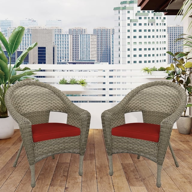 Jeco Chaise de Patio en Osier Clark, Gris et Rouge Brique (Ensemble de 2)