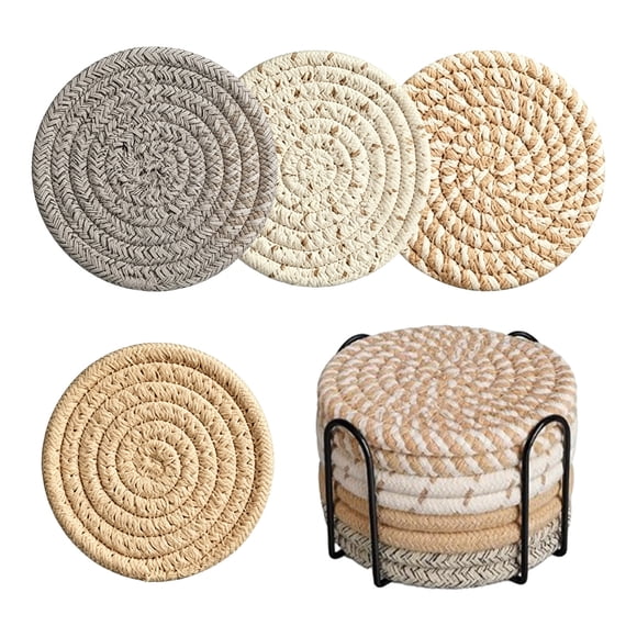 Drppepioner Cotton Woven Coaster Set 8 Pack Absorbent Drink Coasters with Holder Heat Resistant Cup Pads for Coffee Tables Kitchen Countertops